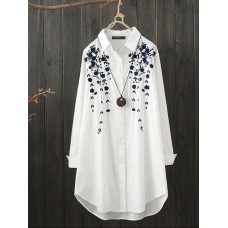 Print Lapel Collar High Low Hem White Long Sleeve Button Casual Shirts For Women