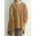 Women Puff Sleeve Loose Pleated Spliced Solid Back Button Casual Shirts