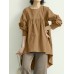 Women Puff Sleeve Loose Pleated Spliced Solid Back Button Casual Shirts