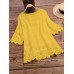 Women Pure Color Embroidery Hollow Half Sleeve Blouse