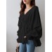 Women Solid Color V-Neck Puff Sleeve Ruffles Hem Casual Blouse