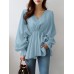 Women Solid Color V-Neck Puff Sleeve Ruffles Hem Casual Blouse