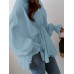 Women Solid Color V-Neck Puff Sleeve Ruffles Hem Casual Blouse