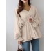 Women Solid Color V-Neck Puff Sleeve Ruffles Hem Casual Blouse