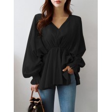 Women Solid Color V-Neck Puff Sleeve Ruffles Hem Casual Blouse