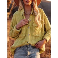 Women Solid Corduroy Button Chest Pocket Long Sleeve Casual Shirt