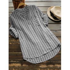 Women Stripe V-neck Buttons 3/4 Fold Sleeve Irregular Blouse